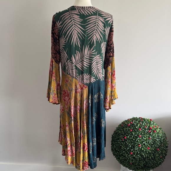 Patchwork Floral Kimono in Teal, Yellow, Pink & Brown with Flowy Bell Sleeves - Picture 6 of 6